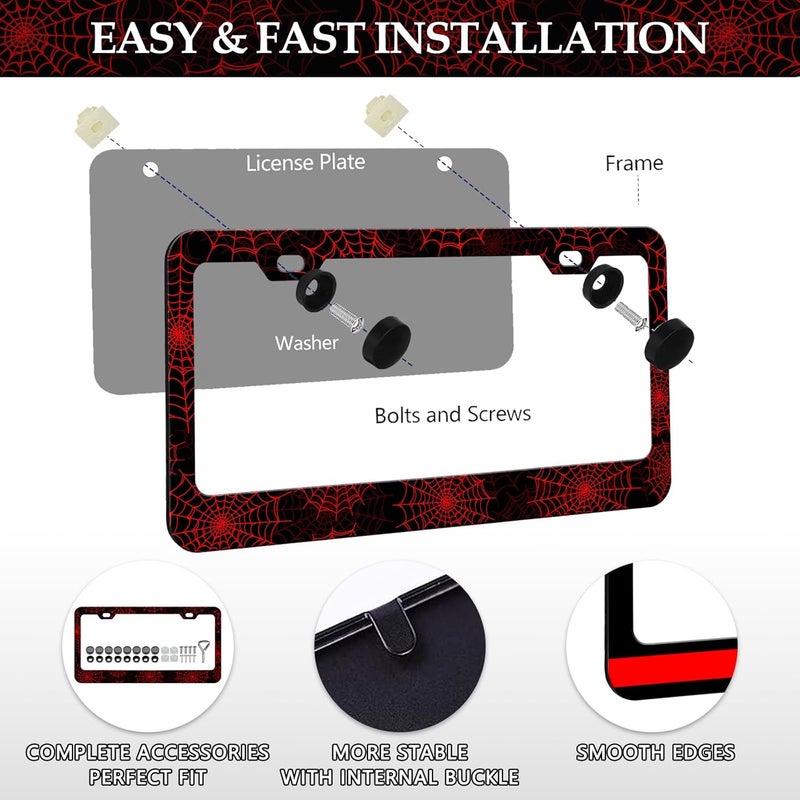 LIN KANG 2Pcs Red Spider Web License Plate Frames Novelty Personalized Gothic Stainless Steel License Plate Holder Rust-Proof Waterproof Car Decorative Tag Frames for Standard US 12x6 Inch - Image 3